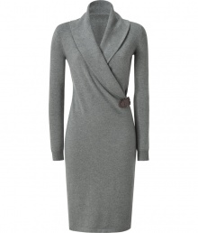 Take a luxe stance on chic daytime knitwear with Ralph Laurens impossibly feminine wrapped cashmere dress - Shawl collar, wrapped V-neckline, long sleeves, fine ribbed trim, tonal leather belt at the hip, form-fitting, falls just above the knee - Perfect for pairing with boots and sleek business totes