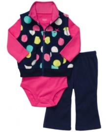 Bring her outfit full circle with sweetly colored polka dots in this 3-piece bodysuit, vest and pant set from Carter's.