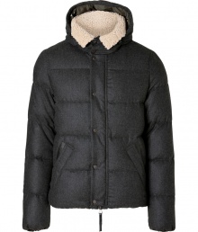 Stay warm while maintaining your urbane style in this luxe wool-cashmere jacket from Duvetica - Removable shearling collar, hooded, snapped panel conceals front two-way zip closure, long sleeves, black leather trim and back yolk, snapped pockets, quilted - Modern straight fit - Wear with knit pullovers, jeans and weather boots