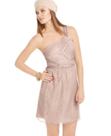 Jump's one-shoulder party dress looks adorable with classic ruching and a sheer, chiffon foil overlay. Pair it with a nude heel to elongate your line.