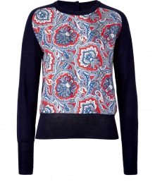 Your cold weather style is anything but dull with this chic printed pullover from Juicy Couture - Round neck, long sleeves, front floral print, slim fit, wide waistband and cuffs - Pair with skinny jeans, embellished ballet flats, and a trench