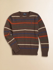 A multi-striped crewneck sweater is perfectly preppy for any season in a flat-knit blend of cotton and wool.CrewneckLong sleevesPullover styleRibbed cuffs and hem80% cotton/20% woolMachine washImported