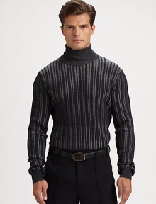 A handsomely crafted wool turtleneck sweater is defined by two-tone striping and ribbed knit detail.TurtleneckRibbed collar, cuffs and hemWoolDry cleanImported