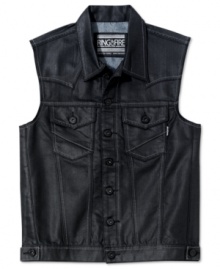 For the cowboy who spends his days riding the wild waves: A coated-denim vest from Ring of Fire with western-style yoke and chest pockets.