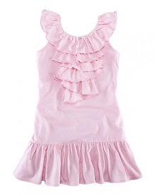 A comfortable drop-waist dress in a soft cotton blend is finished with ruffles for a preppy look.