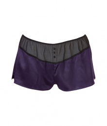 Stylish tap pants in fine violet silk and black silk chiffon - Wonderfully comfortable and pleasant on the skin, thanks to the stretch content - Fits somewhat loosely, with small side slits - Stylish, sexy, seductive - Fits under (almost) all outfits