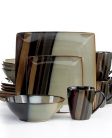 Reactive glaze intensifies black and clay-colored streaks on stoneware for a dinnerware set that's dramatic yet down to earth. Simple round and square forms dressed in neutral shades offer an appealing compromise for diners who prefer modern and classic styles. From Sango's collection of dinnerware and dishes.