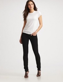 Snug, sleek five-pocket jeans that fit like a second skin.THE FITSkinny leg Rise, about 8 Inseam, about 32THE DETAILSZip fly Button closure Five-pocket style 89% polyelastane/11% Lycra Machine wash Made in USA