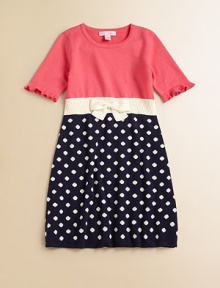 Polka dots and a charming bow breathe new life into this charming knit frock.ScoopneckShort sleeves with ruffled cuffsPullover styleWaistband with bow detailCottonMachine washImported