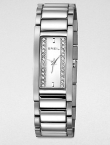 Sleek lines and pared-down details give this brushed stainless steel watch with Swarovski crystals an Art Deco elegance.Quartz movementWater resistant to 3 ATMStainless steel rectangular case, 20mm wide (.79)Smooth bezelSilver sunray dial with clear crystalsStainless steel bar hour markersSecond handBrushed and polished link braceletImported