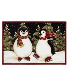 Bundled up for the winter weather, these ice-skating penguins are having a jolly good time!  Shaw's holiday rug adds a fun touch to your decor, constructed of recyclable nylon that adds a wonderful look to any room without the extra impact on mother nature.