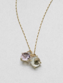 Faceted cabochons of softly hued green and rose de France amethyst sit in stunning sculptural settings of 14k gold, hanging from a graceful barley-link chain.Rose de France and green amethyst14k yellow goldChain length, about 16Pendant length, about ¼Spring ring claspMade in USA