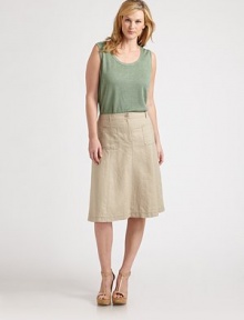 Slip into this lightweight skirt with its curve-flattering silhouette and classic trouser details like belt loops and back welt pockets. Button closureZip flyBelt loopsFront patch pocketsBack welt pocketsFully linedAbout 26 longLinenMachine washImported