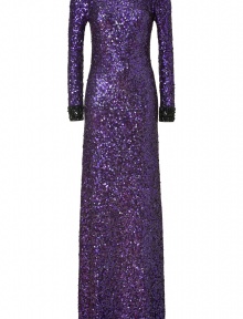 With statement-making sequins and a dramatic floor-sweeping length, this black tie gown from Jenny  Packham is an investment in high style - Bateau neck, long sleeves with jewel-embellished cuffs, figure-hugging silhouette, maxi-length, all-over sequin embellishment - Style with platform pumps and a classic clutch