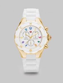 From the Tahitian Jelly Bean Collection. A sporty timepiece with goldtone stainless steel accents, enamel dial and silicone strap. Swiss quartz movementWater resistant to 5 ATMRound goldtone stainless steel case, 40mm (1.5)Logo bezelSunray chronograph dialNumeric hour markersSecond hand White silicone strapImported