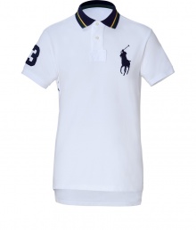 This classic polo shirt brings traditional American style to an everyday wardrobe - Fine cotton in crisp white with navy collar, extra-large embroidered signature logo on chest and number at sleeve - Try with jeans, chinos or shorts for an American-Preppy look