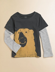 A long-sleeved, layered-look cotton tee is wild and wooly with a fierce bear graphic.CrewneckLong layered-look sleevesPullover styleCottonMachine washImported