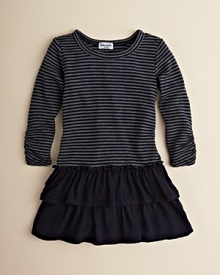 A double tier ruffle hem adds fun and flounce to this striped waffleknit shirtdress.