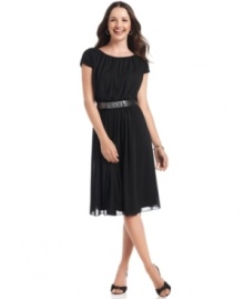 Ruched sleeves, a waist-defining belt and a body-skimming silhouette work wonders when looking polished is a must. Pair Evan Picone's dress with almost any special heel in your closet for the perfect evening look.