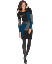 AGB's colorblocked sweater dress is a cinch with tights and your favorite booties. A removable belt easily accessorizes the look!