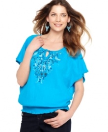 Intricate embroidery gets a little extra flash from rhinestones and studs on Style&co.'s alluring peasant top!