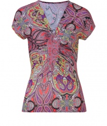 Work an iconic print into your chic workweek separates with Etros bright scarlet-multi paisley print top - V-neckline, dolman cap sleeves, gathered panel at bust - Form-fitting - Wear with solid separates and just as bright accessories