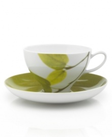 Forever spring. Bright new leaves plucked just for your table drape this teacup for a fresh, modern look from Mikasa dinnerware. Dishes of the Daylight set include this uniquely sloped saucer, distinguished by a matching green surface and white base.