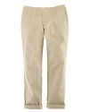 A preppy chino pant is stylishly tailored with a rolled-cuff design for modern take on a classic look.