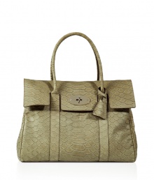 Upgrade your style with this covet-worthy ultra-luxe bag from British It label Mulberry - Oversized Kelly style, snake embossed leather, flap front with lock closure, two carrying handles, matching keychain charm on handle - This is the perfect investment bag thats great for everyday use and will last for years to come