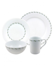 Divine white. Nikko laces glazed porcelain with minimalist greens in the modern Perennial Vine dinnerware set. Service for four is durable enough for every day, ideal for casual tables.