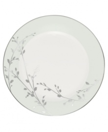 Birch branches grow around this pure white porcelain accent plate from Noritake dinnerware. The dishes of this set turn formal tables into serene landscapes. The contemporary design is refined in polished platinum with a soft gray border and breezy, all-natural beauty.