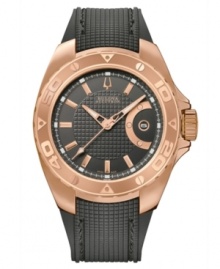 Complement your style with this smart Curacao collection watch by Bulova Accutron. Black textured rubber strap and round rose-gold ion-plated stainless steel case with rotating bezel and anti-reflective sapphire crystal. Black grid-patterned dial features rose-gold tone stick indices, minute track, date window at three o'clock, luminous hands and logo. Swiss mechanical Sellita movement. Water resistant to 300 meters. Five-year limited warranty.