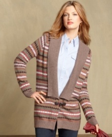 Snuggle into Tommy Hilfiger's Fair Isle knit cardigan, rendered from the softest cotton fabric blend. The relaxed silhouette and dramatic shawl collar lends the look of a vintage favorite!