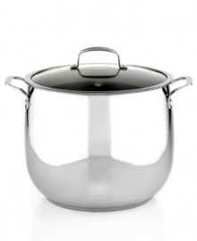 Kitchen stocked! Prep quick, dish it out & clean up easily with this stainless steel dishwasher-safe kitchen essential. With an aluminum encapsulated impact-bonded base, this pot heats up fast & evenly with a bell-shaped body that enhances moisture circulation for tender, flavor-rich results. Limited lifetime warranty.