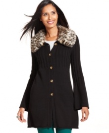 A chic faux fur collar in a bold animal print enlivens this petite tunic-length sweater from Style&co.