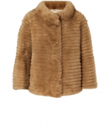 Exquisitely luxurious with a fashion-forward, ladylike cut, Yves Salomons tan mink jacket guarantees for a strikingly chic finish - Short stand-up collar, bracelet-length sleeves, hidden zippered front, light A-line silhouette - Adds an instant luxe finish to everything from skinny jeans and boots to cocktail dresses and pumps