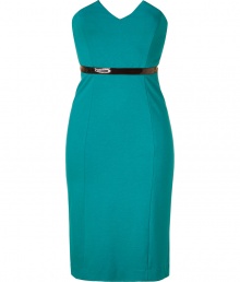 From dinner dates to city cocktails, Catherine Malandrinos turquoise strapless dress cuts a stunning feminine figure - Strapless with a soft V-neckline, edgy black vinyl waistband, exposed metal back zip, kick pleat - Form-fitting - Team with heels and a statement clutch