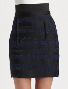 Graphically charged pattern and a wide, contrasting waistband join for a modern approach to the classic skirt. Elastic waistbandSlash pocketsExposed back zipperSilk liningAbout 21 long40% polyester/30% wool/15% cotton/11% viscose/2% polyamide/2% polyurethaneDry cleanImportedModel shown is 5'10 (177cm) wearing US size 2.