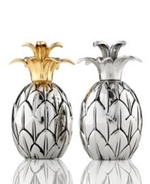 Basic spices will also pack a tropical punch with Godinger salt and pepper shakers. Nickel-plated pineapples topped with gold and silvertone leaves are a welcome addition to casual tables.