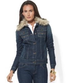 Lauren Jeans Co.'s classic denim jacket is updated for the season with a detachable faux-fur collar, adding luxurious appeal to any layered wardrobe. (Clearance)