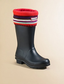 Knee-high fleece boot liners with striped cuffs and a patch logo will add a pop of pizazz to a rainy day.Slip-on styleSock: FleeceCuff: AcrylicMachine washImported