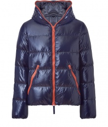 A sleek patina and vibrant contrast piping lend this Duvetica down jacket its sporty and stylish edge - In a lighter weight, wind- and water-resistant dark blue polyamide with orange trim - Straight cut fits close to the body for extra warmth - Full zip, hood and oversize diagonal zippered pockets at front - Perfect for cold weather casual looks - Pair with jeans, chinos, cords and athletic pants