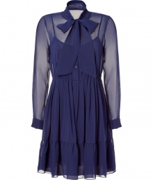 Ultra-feminine and undeniably chic, this sheer bodice dress from DKNY is a cocktail-ready must-have - Sheer bodice with stand collar with tie-neck and long sleeves, front button half placket, solid camisole dress underlay, full tiered skirt - Wear with an A-line wool coat and high-heel booties