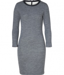 Sexy and simple sweater dress in heather grey stretch wool-cotton - Features contrasting leather trim at round neckline and exposed back zip - Fitted silhouette is flattering with a hint of stretch, cropped long sleeves and above-the-knee skirt length - Dress up or down with opaque tights and boots or heels, and a favorite leather jacket and colorful scarf