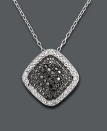 Add standout style in chic, contrasting colors. Victoria Townsend's unique square-shaped pendant highlights round-cut black diamonds (1/5 ct. t.w.) and white diamond accents. Set in sterling silver. Approximate length: 18 inches. Approximate drop: 3/4 inch.