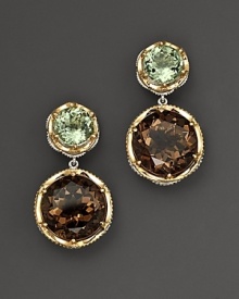 Faceted prasiolite and smoky quartz rounds set in 18K yellow gold and sterling silver.