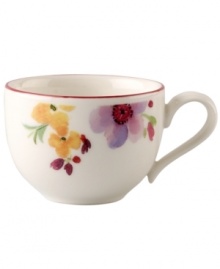 Prolong spring with the lively Mariefleur after-dinner cup. Splashy colors adorn premium white porcelain edged in red and designed for everyday dining. Mix and match with New Cottage dinnerware, also by Villeroy & Boch.