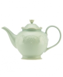 With fanciful beading and a feminine edge, this Lenox French Perle teapot has an irresistibly old-fashioned sensibility. Hardwearing stoneware is dishwasher safe and, in an ethereal ice-blue hue with antiqued trim, a graceful addition to any meal. Qualifies for Rebate