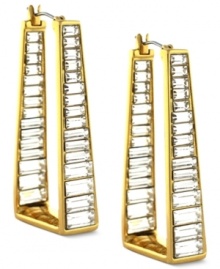 Baguette crystal stones lend a beautiful touch to this pair of angular hoop earrings from Vince Camuto. Crafted from gold-tone mixed metal with a click-top closure. Approximate drop: 1-3/4 inches.