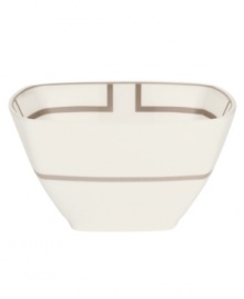 Metallic bronze lines curve to create a sleek geometric pattern on these small square bowls from Noritake dinnerware. The dishes in the Trieste collection are crafted in durable bone china and trimmed with platinum for fine dining or everyday use.